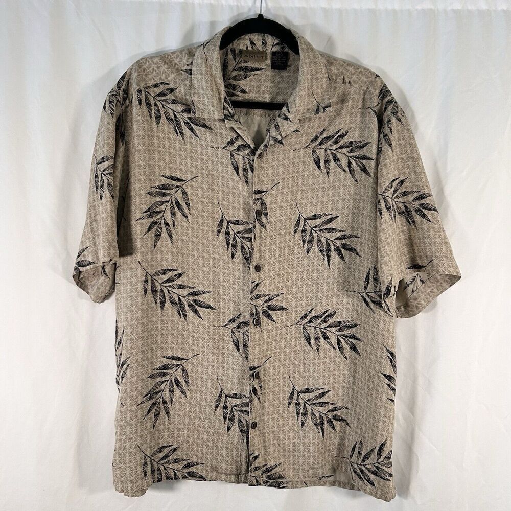 Axist 100% Silk Shirt Men's Large Brown Hawaiian Short Sleeve Button Up
